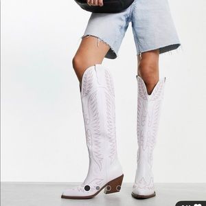 ASOS DESIGN Chester contrast stitch western knee boot white cowboy boot